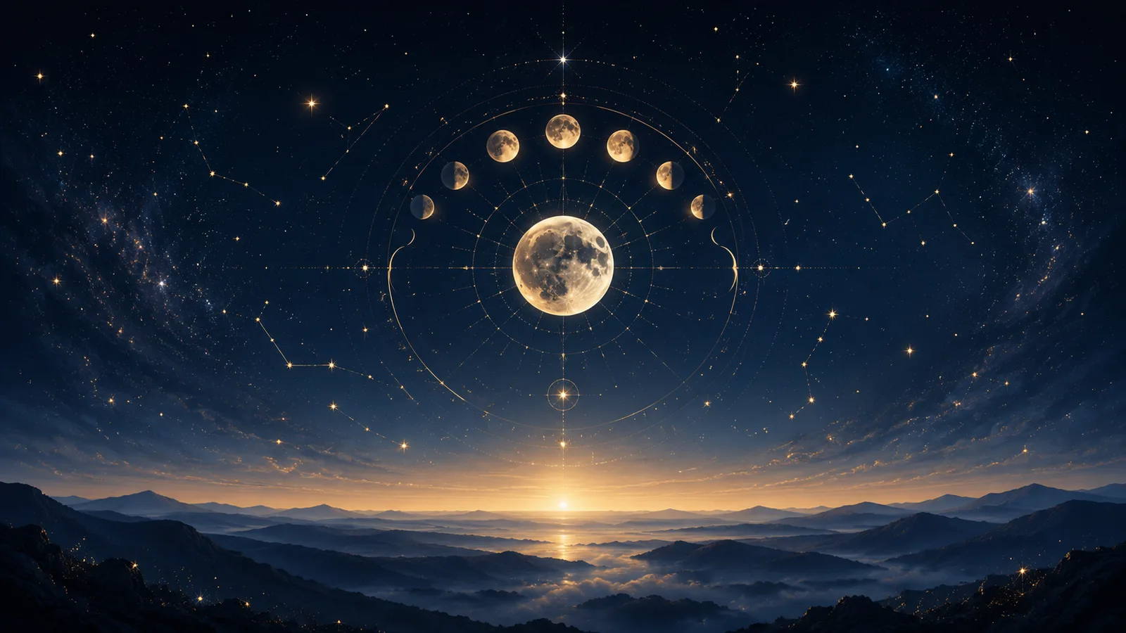 Moon phases arc, constellations and a dawn horizon over mountains — today's sky